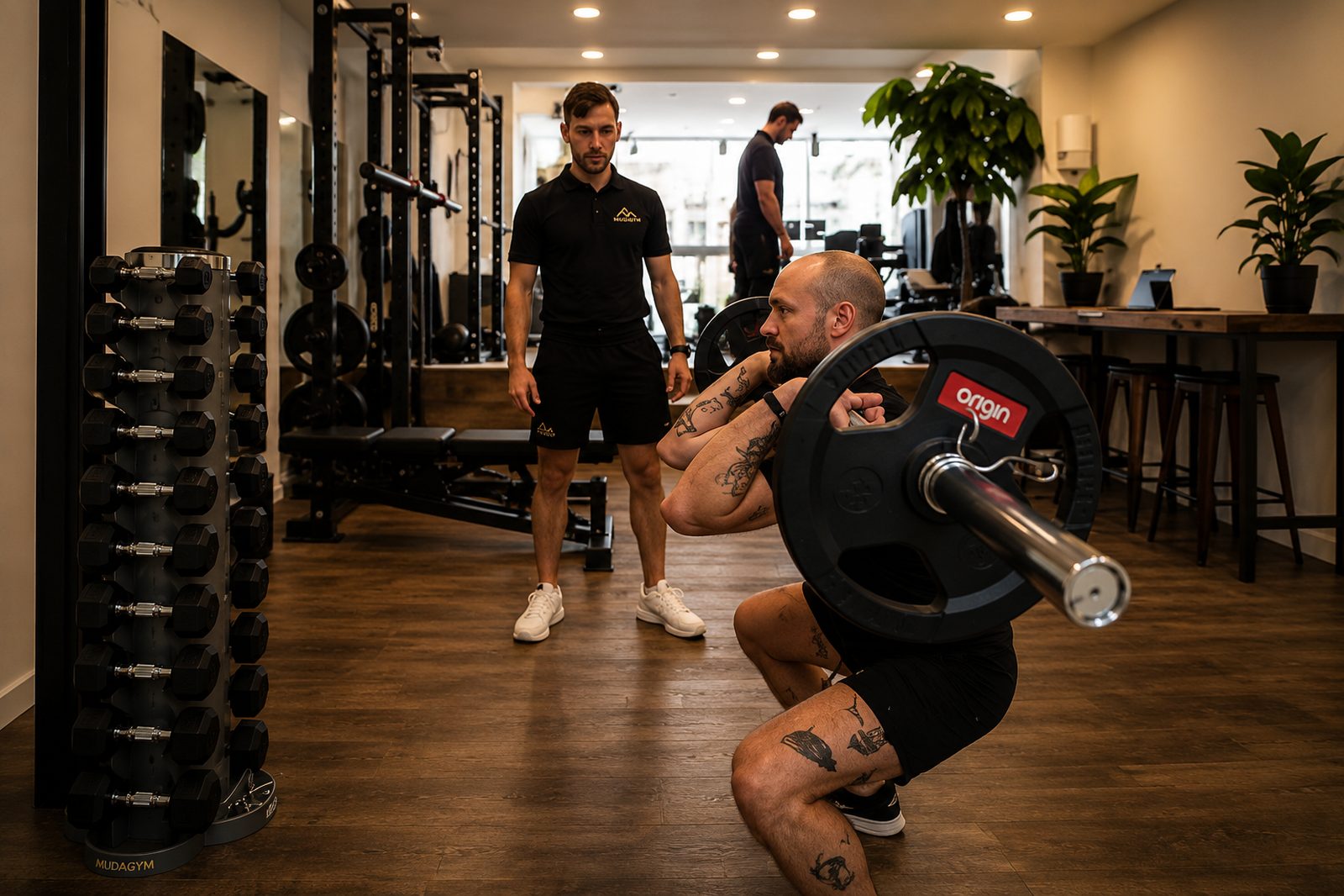 MudaGym coach guiding a client through a front squat in the Amsterdam studio